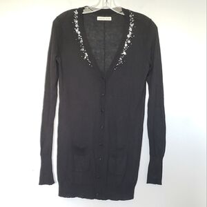Rebecca Taylor Fine Knit V-neck Button Cardigan Sequin Rhinestone Embellished XS